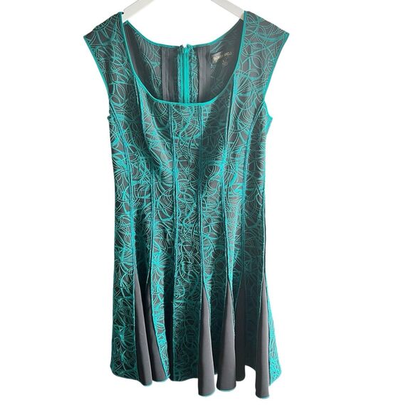 Tadashi Shoji Dress L Green Brocade Fit Flare Cocktail Wedding Guest Elegant - Picture 4 of 15